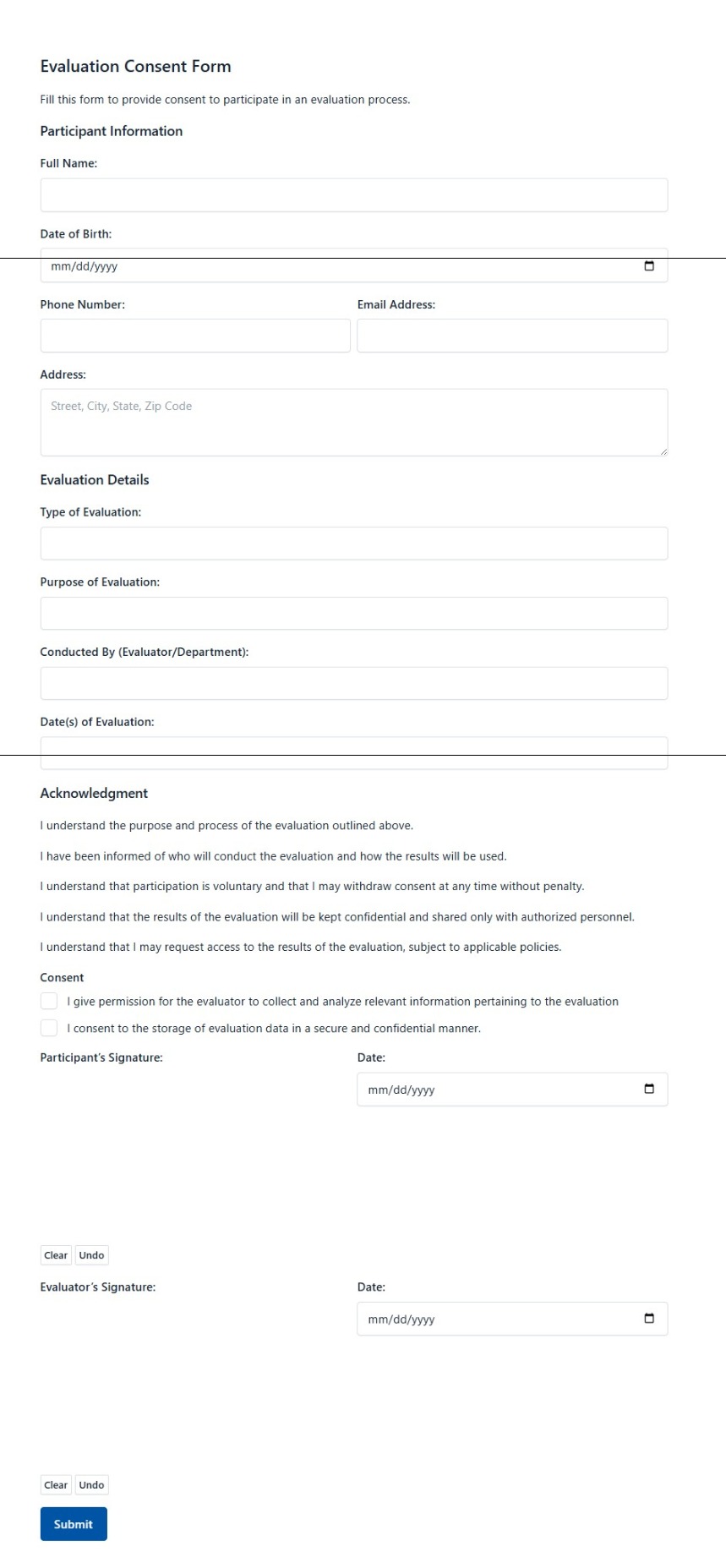 Evaluation Consent Form Template