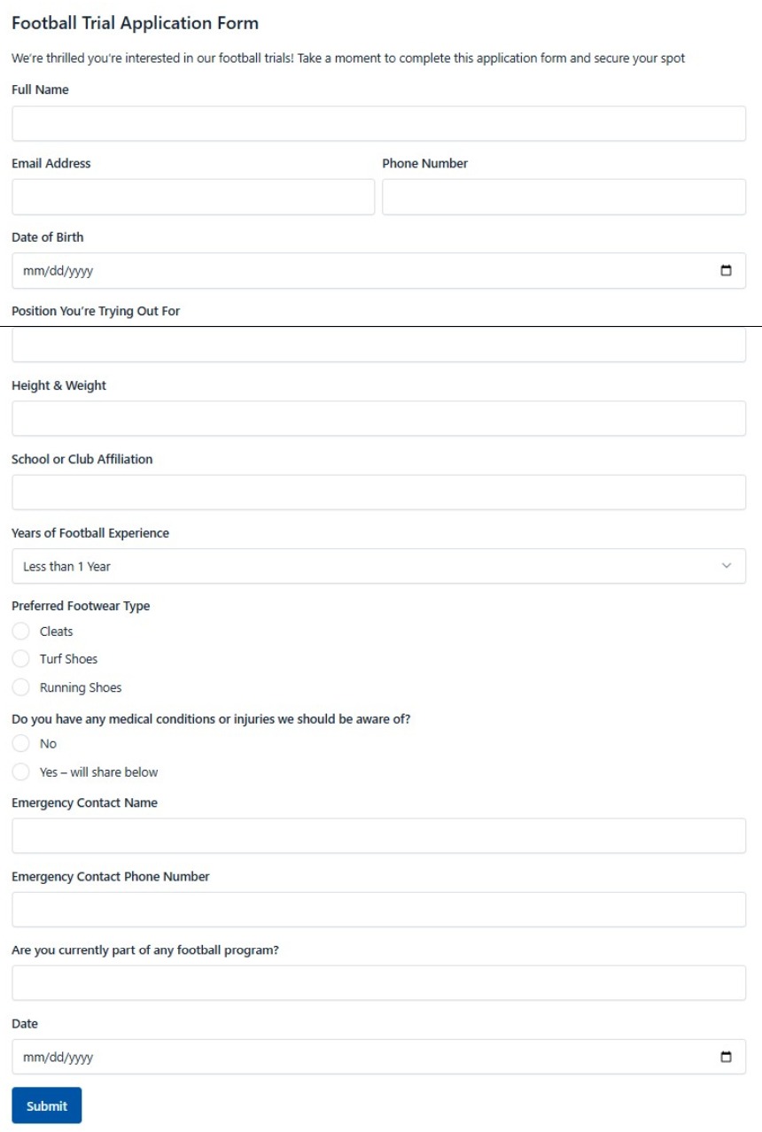 Football Trial Application Form