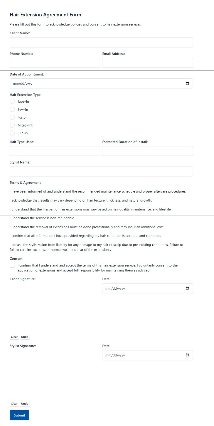 Hair Extension Agreement Form