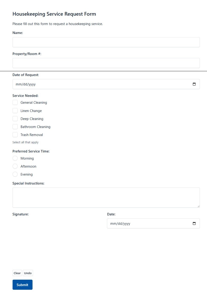 Housekeeping Service Request Form
