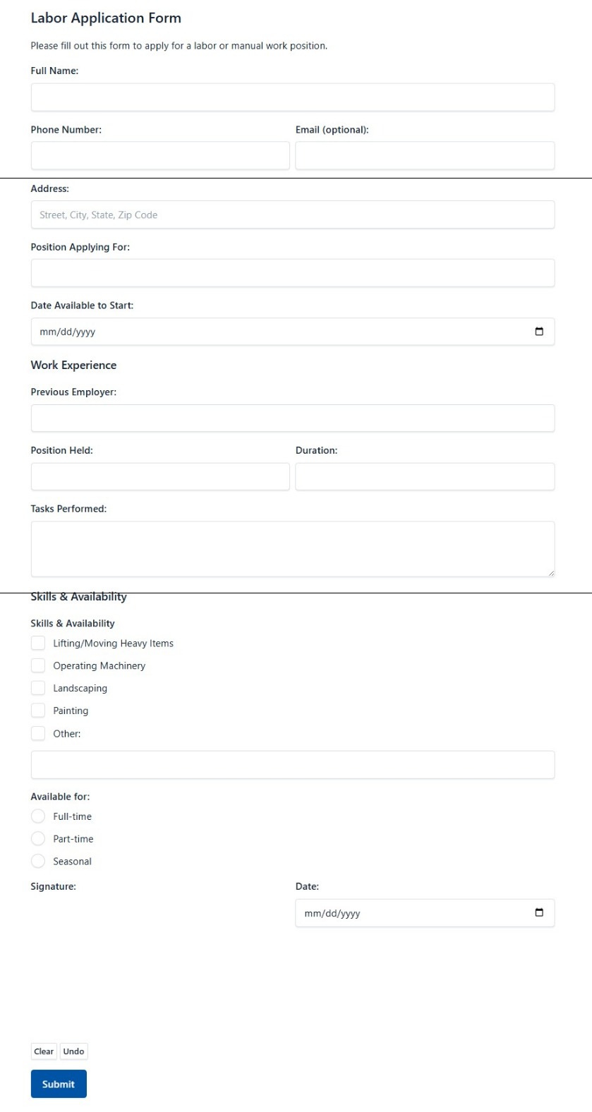Labor Application Form