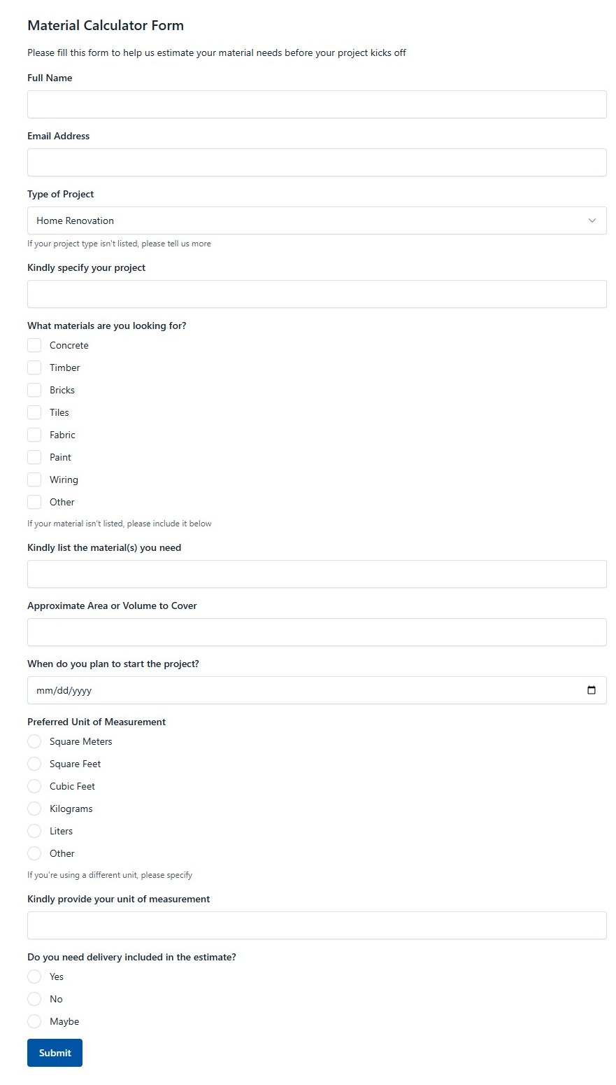 Material Calculator Form