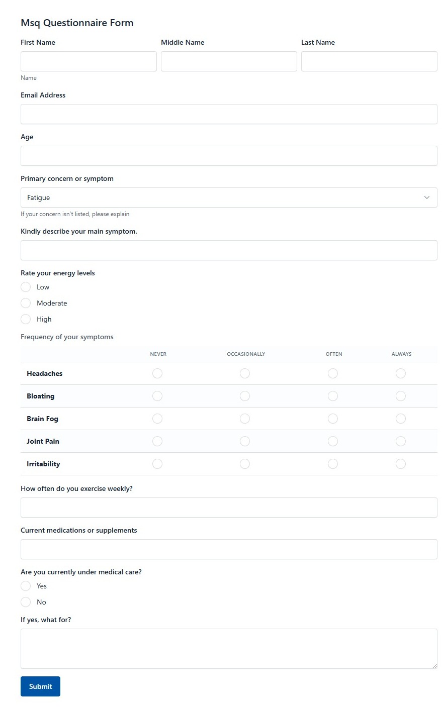 Msq Questionnaire Form