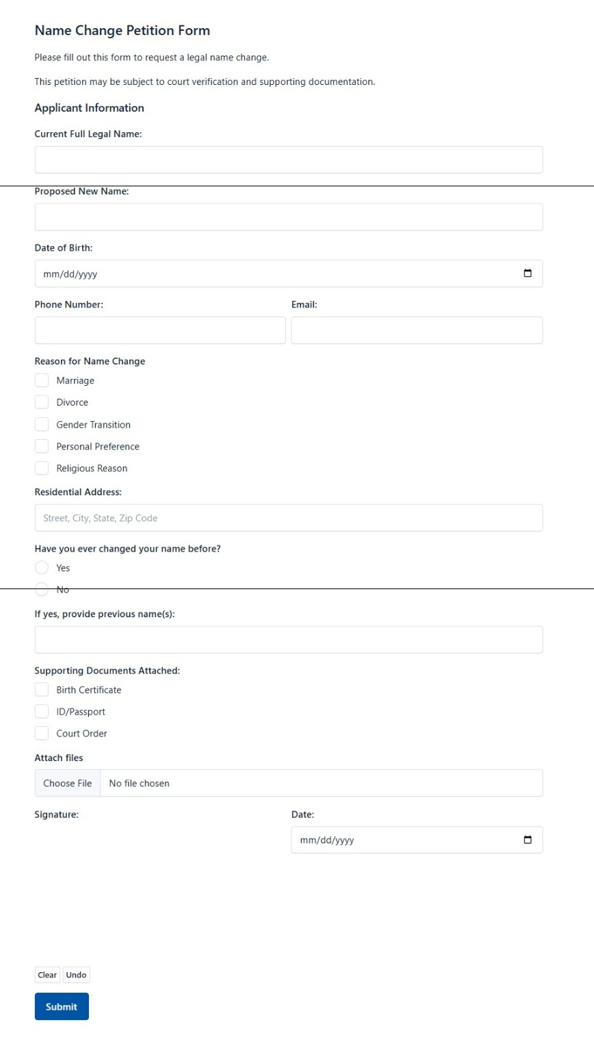 Name Change Petition Form