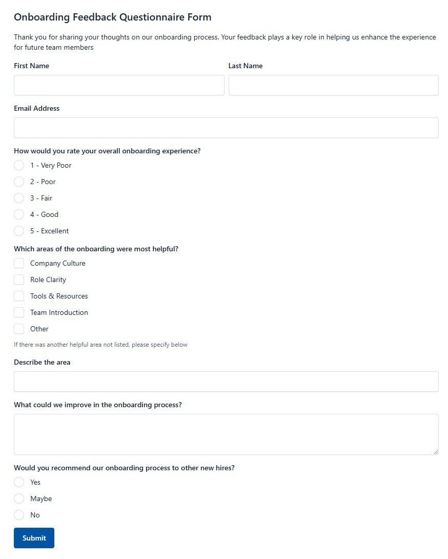 Onboarding Feedback Questionnaire Form
