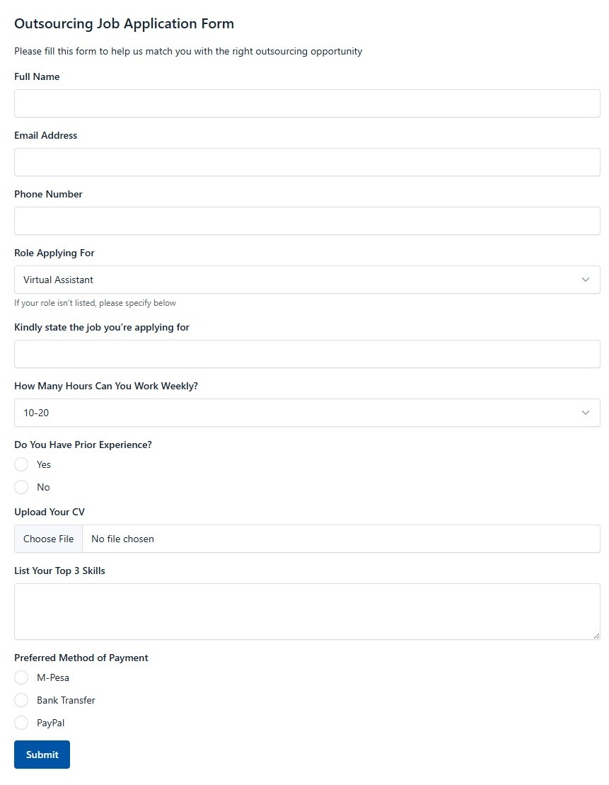 Outsourcing Job Application Form