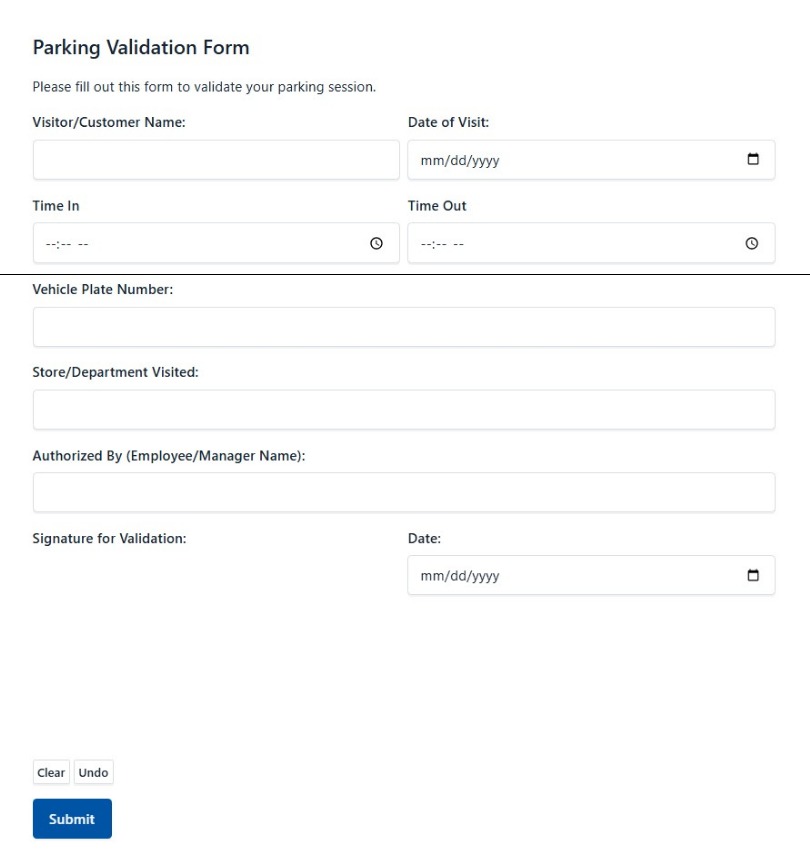 Parking Validation Form