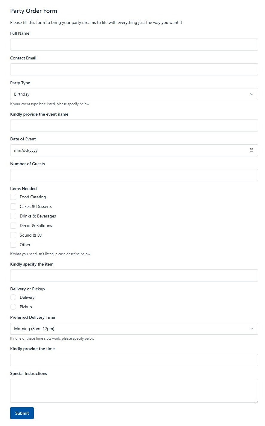 Party Order Form
