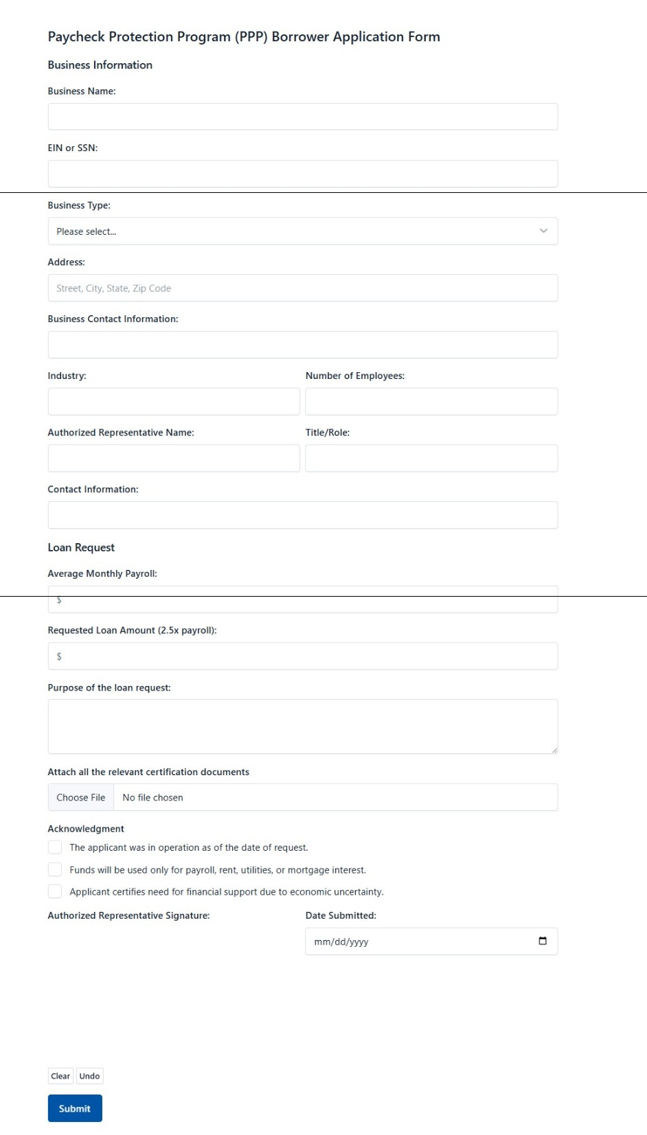 Paycheck Protection Program Borrower Application Form
