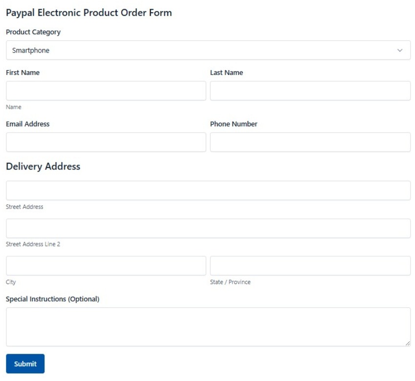 Paypal Electronic Product Order Form