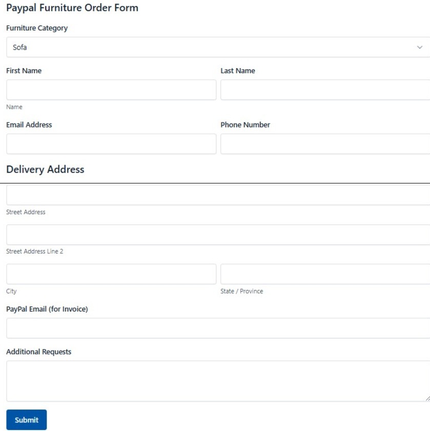 Paypal Furniture Order Form