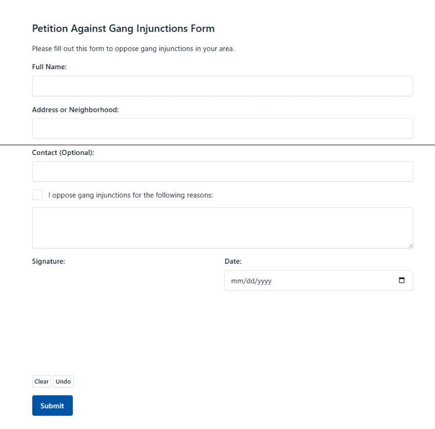 Petition Against Gang Injunctions Form