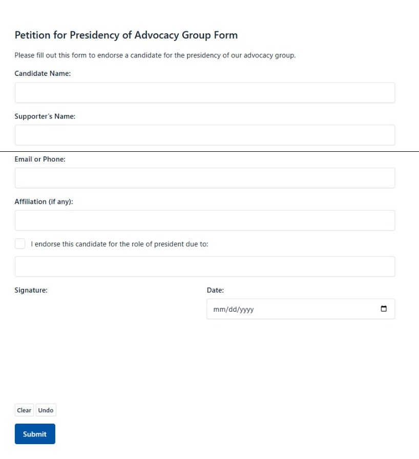Petition For Presidency Of Advocacy Group Form