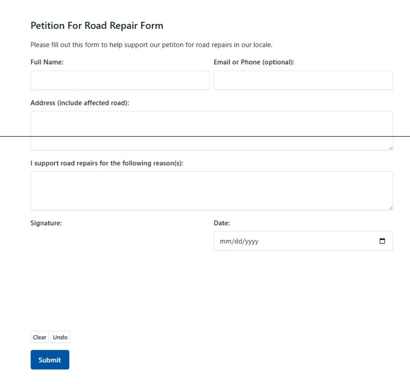 Petition For Road Repair Form
