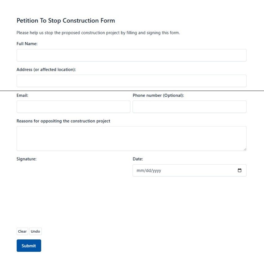 Petition To Stop Construction Form