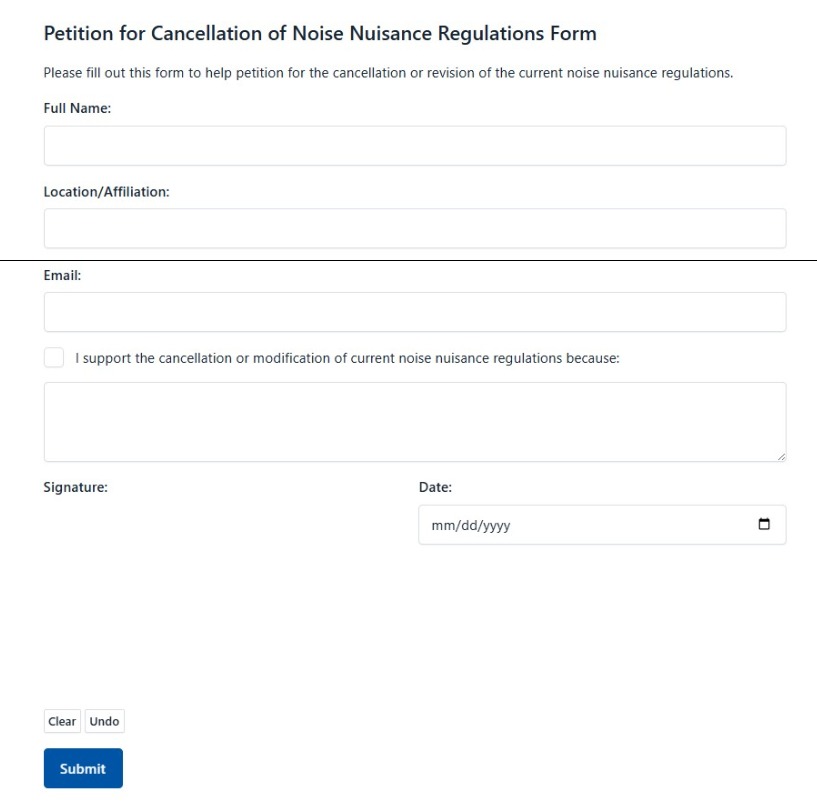 Petition for Cancellation of Noise Nuisance Regulations Form