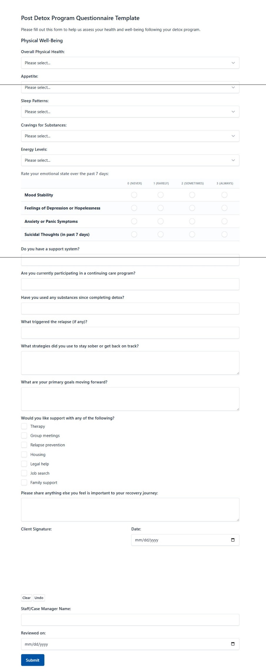 Post Detox Program Questionnaire Template
