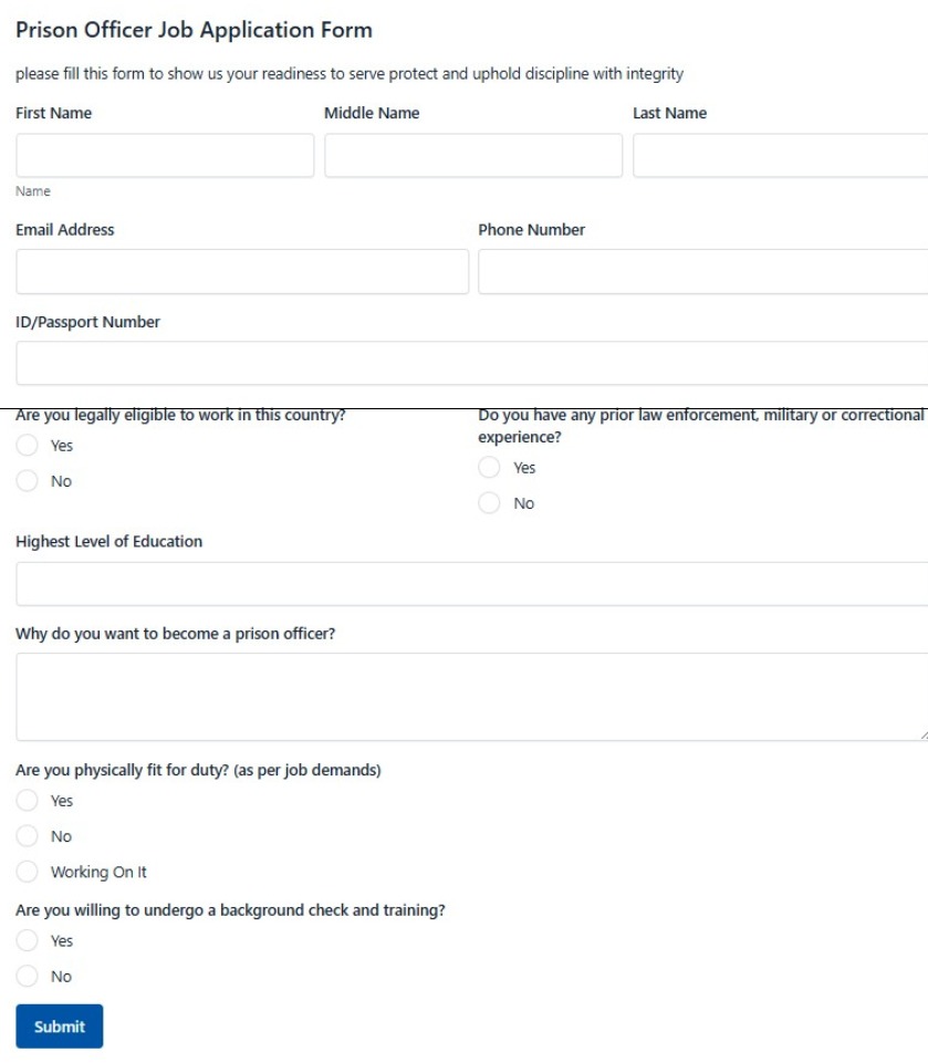 Prison Officer Job Application Form