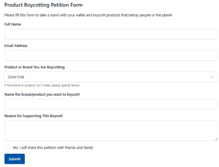 Product Boycotting Petition Form