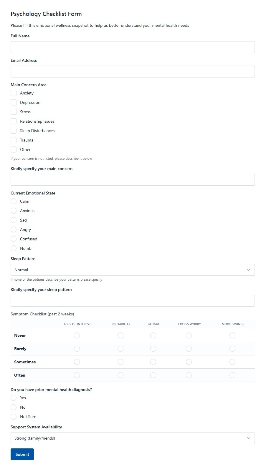 Psychology Checklist Form