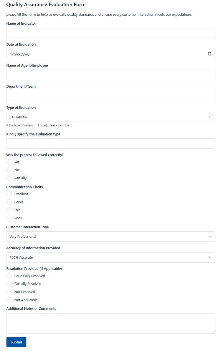 Quality Assurance Evaluation Form