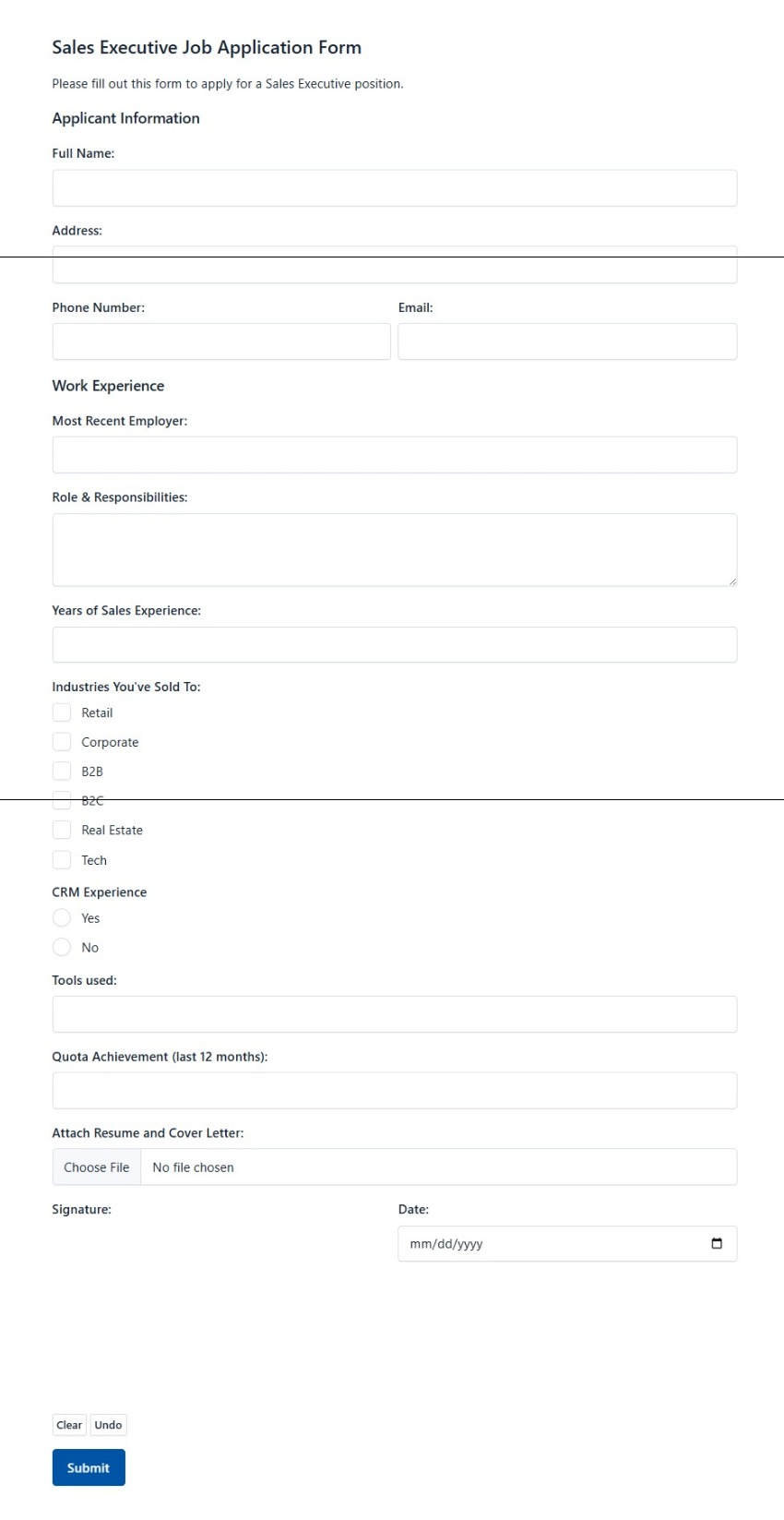 Sales Executive Job Application Form