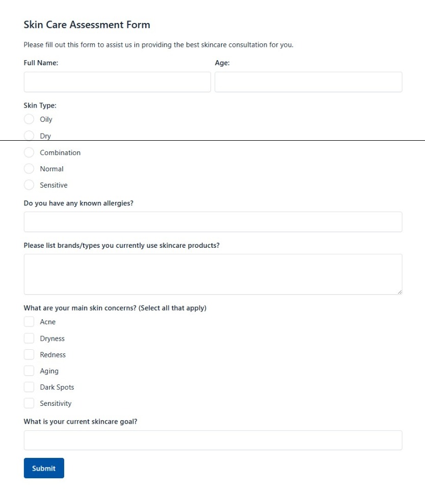 Skin Care Assessment Form