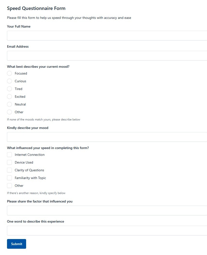 Speed Questionnaire Form