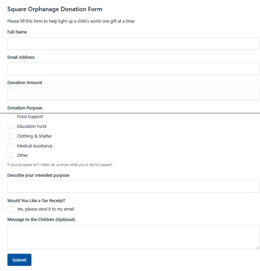 Square Orphanage Donation Form