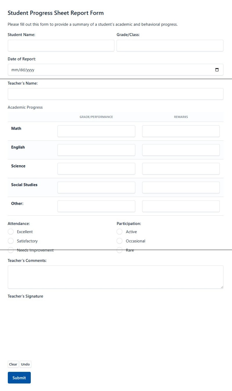 Student Progress Sheet Report Form