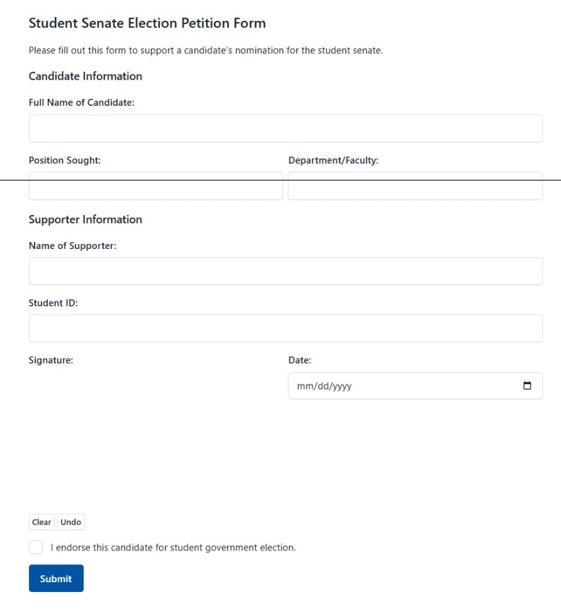 Student Senate Election Petition Form