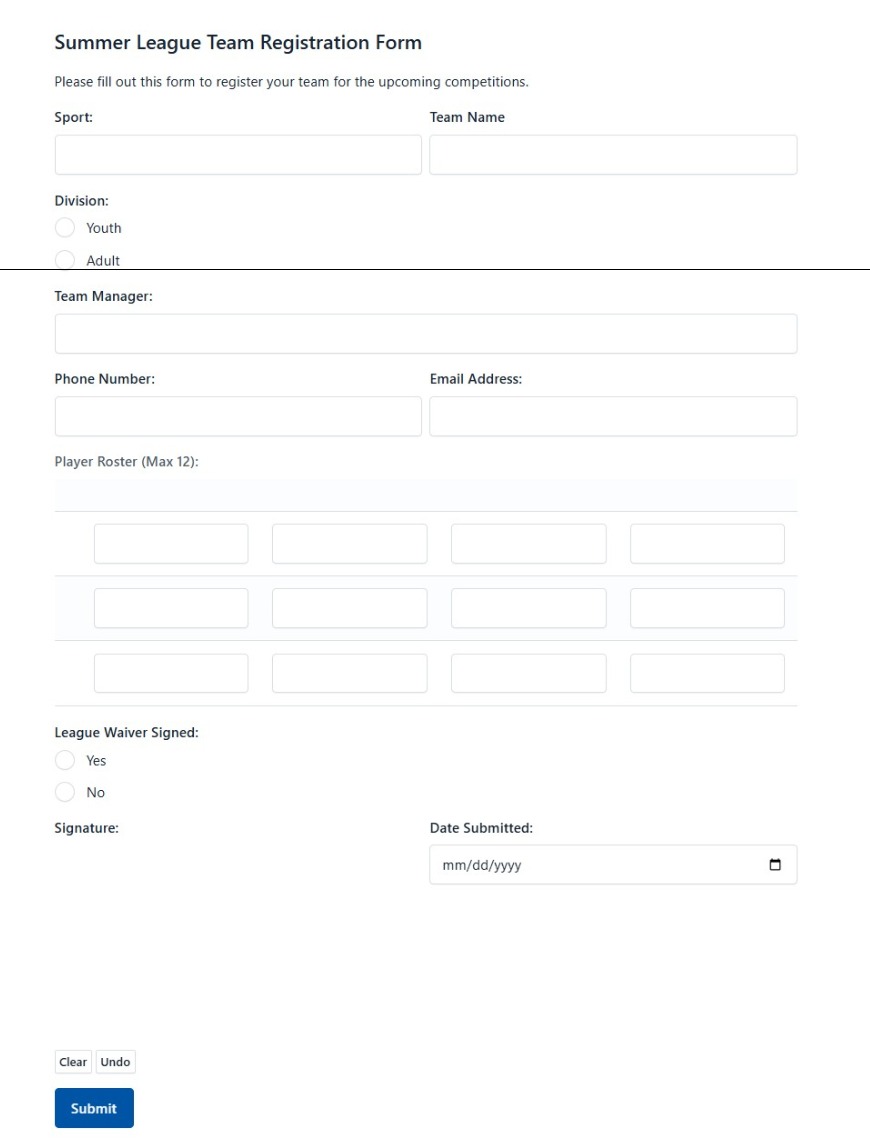 Summer League Team Registration Form