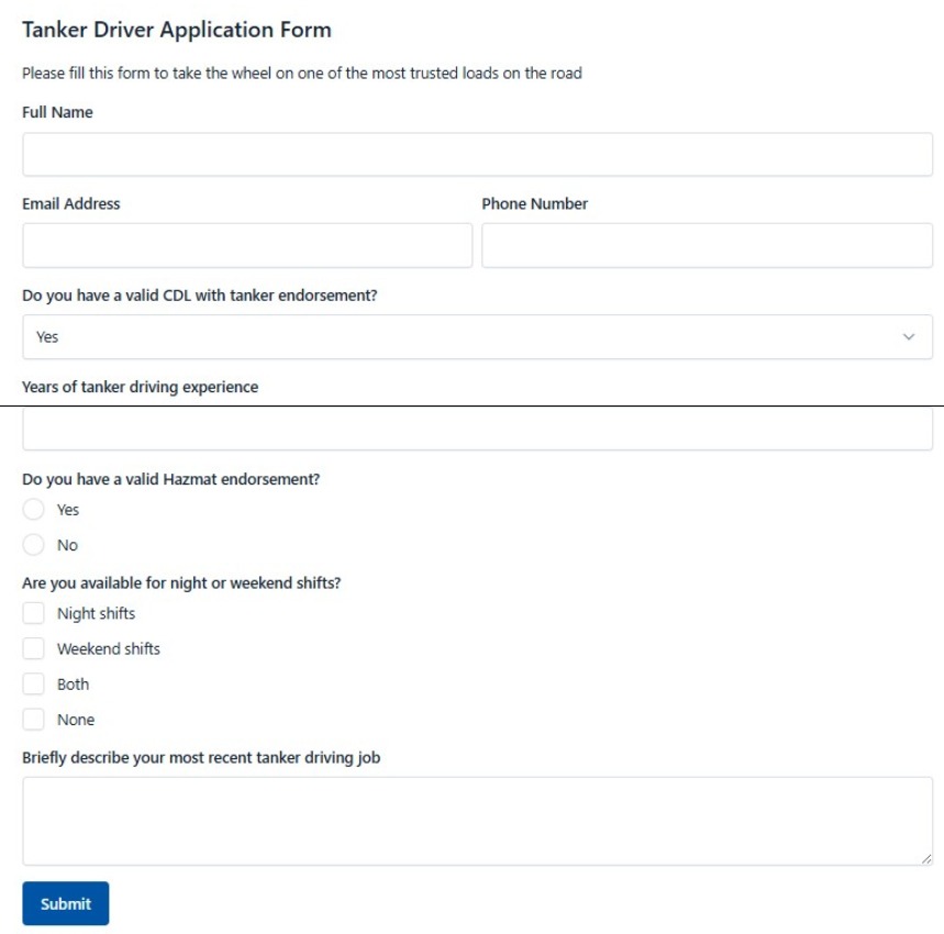 Tanker Driver Application Form