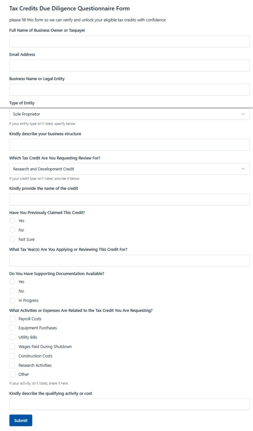 Tax Credits Due Diligence Questionnaire Form
