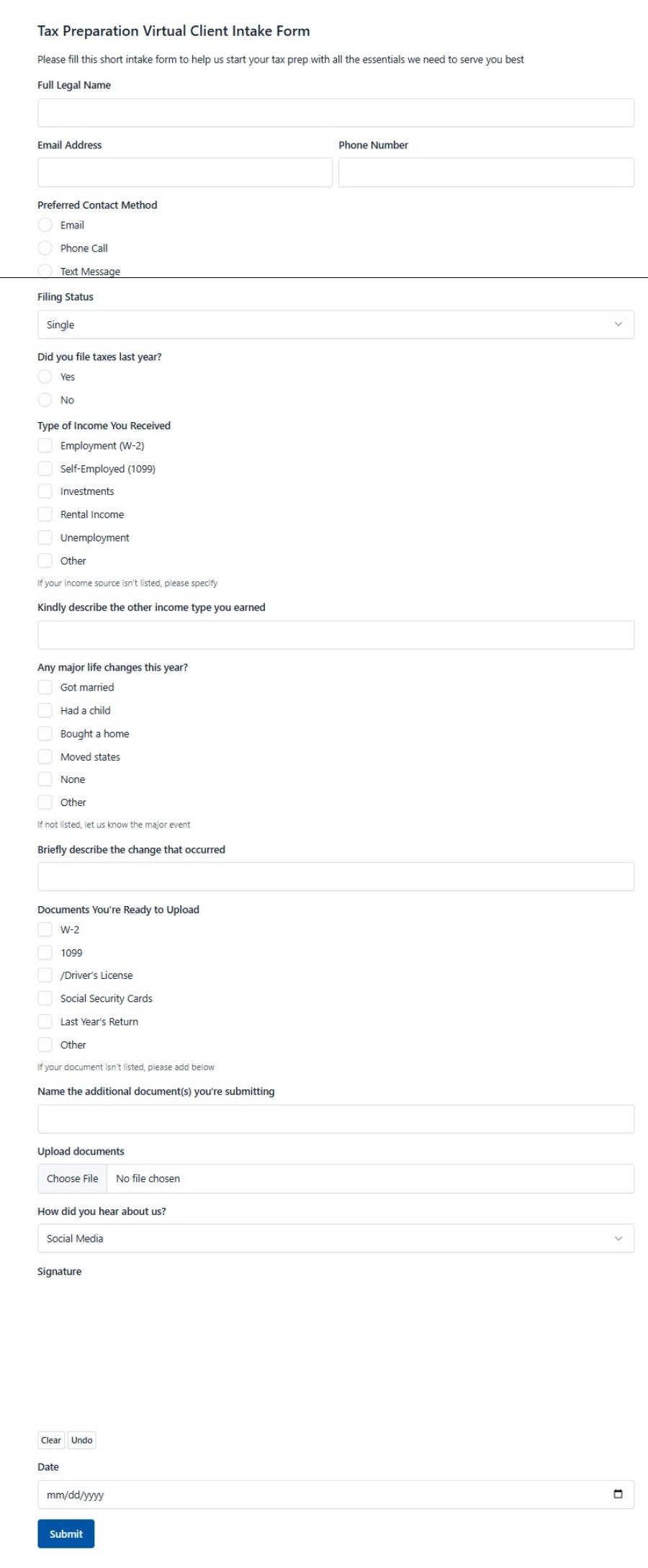 Tax Preparation Virtual Client Intake Form