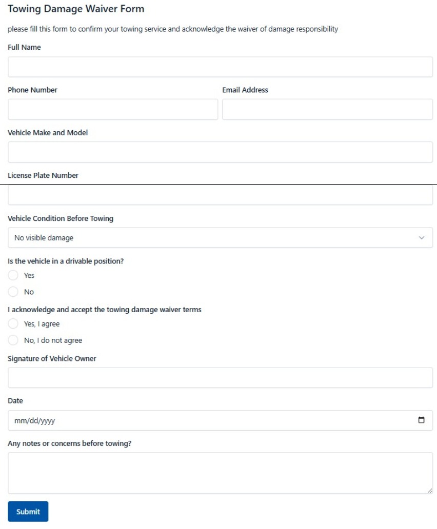 Towing Damage Waiver Form