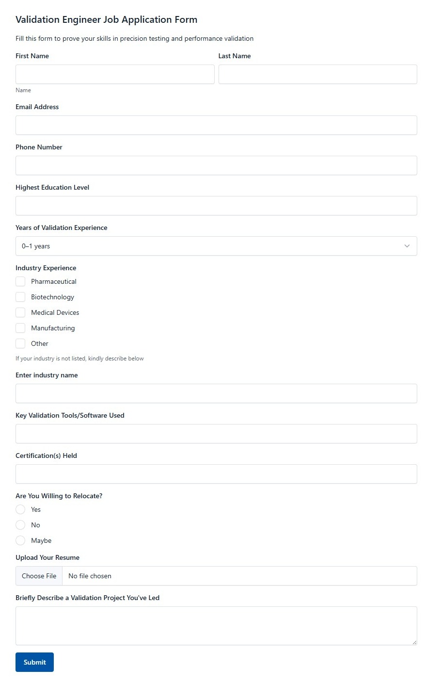Validation Engineer Job Application Form
