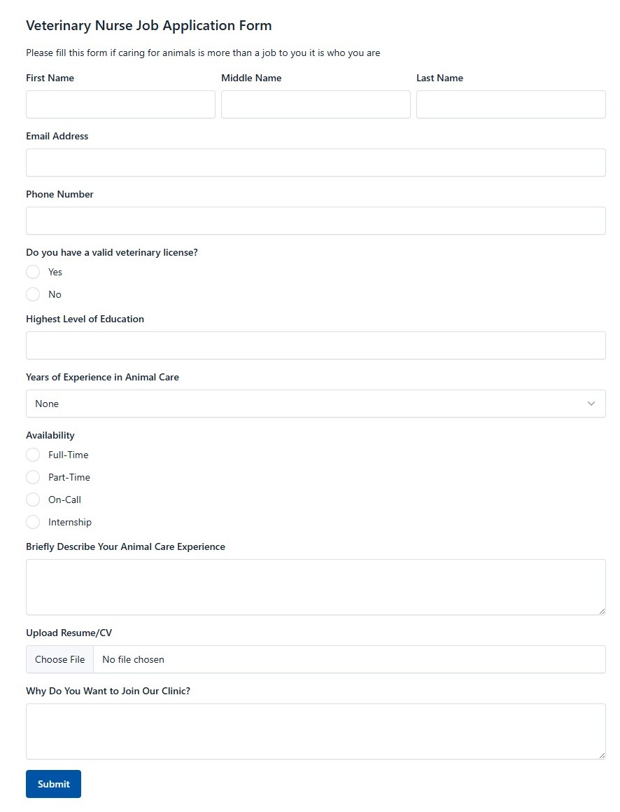 Veterinary Nurse Job Application Form