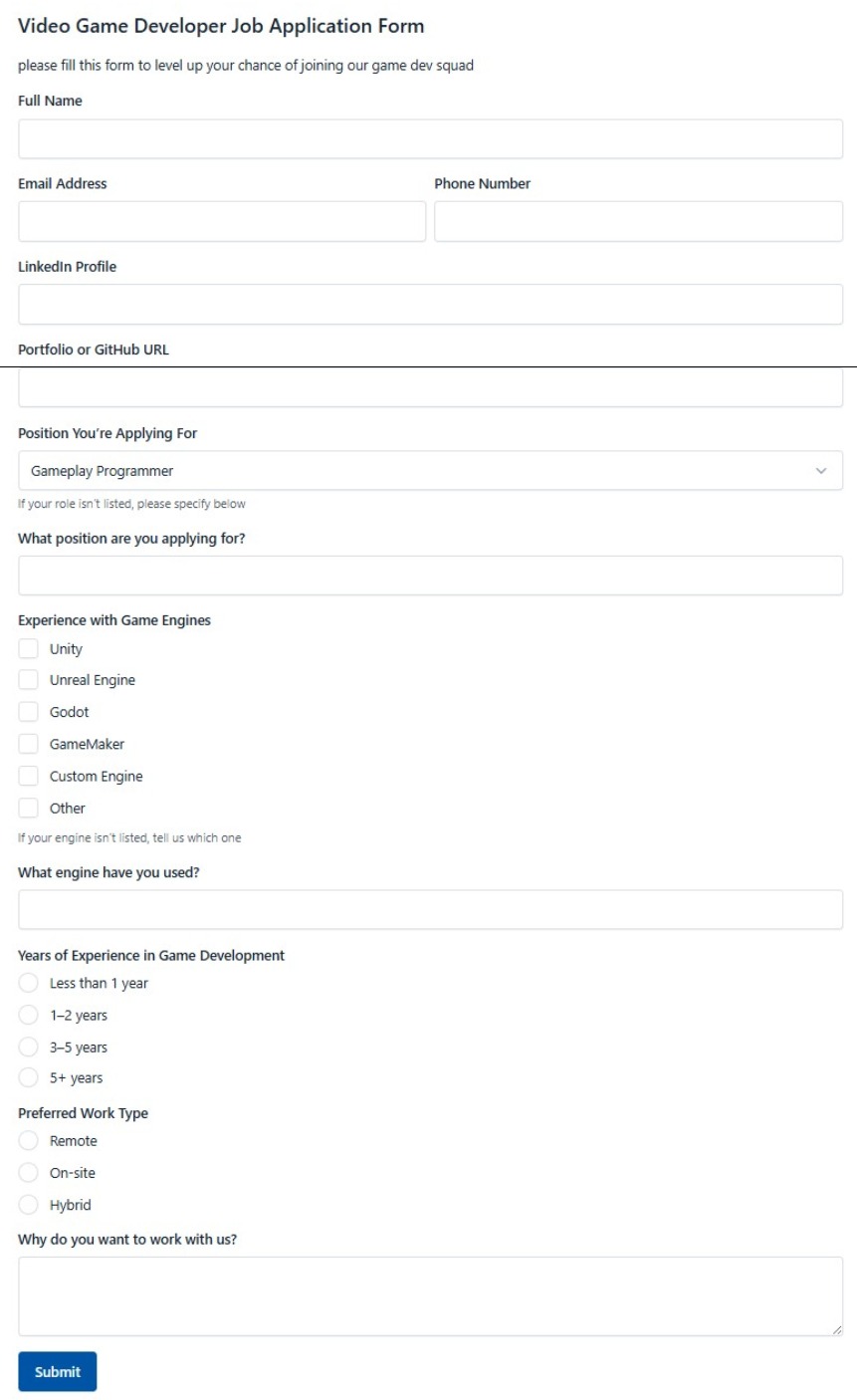 Video Game Developer Job Application Form