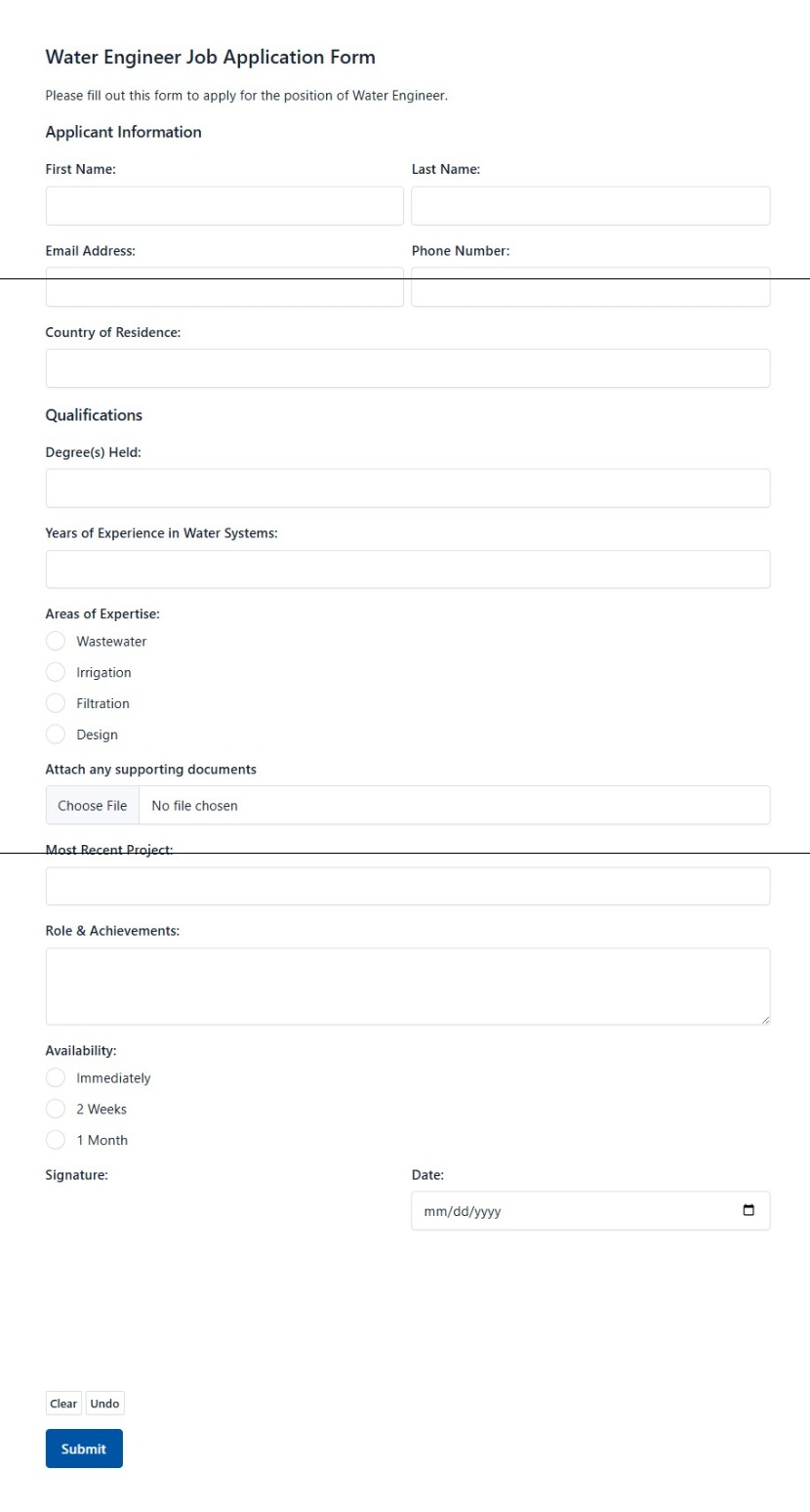 Water Engineer Job Application Form