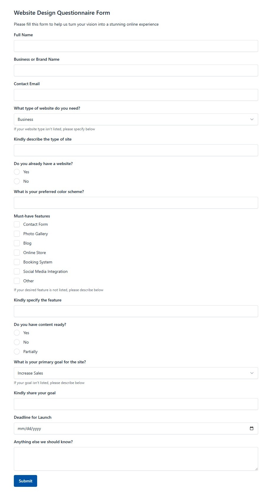 Website Design Questionnaire Form