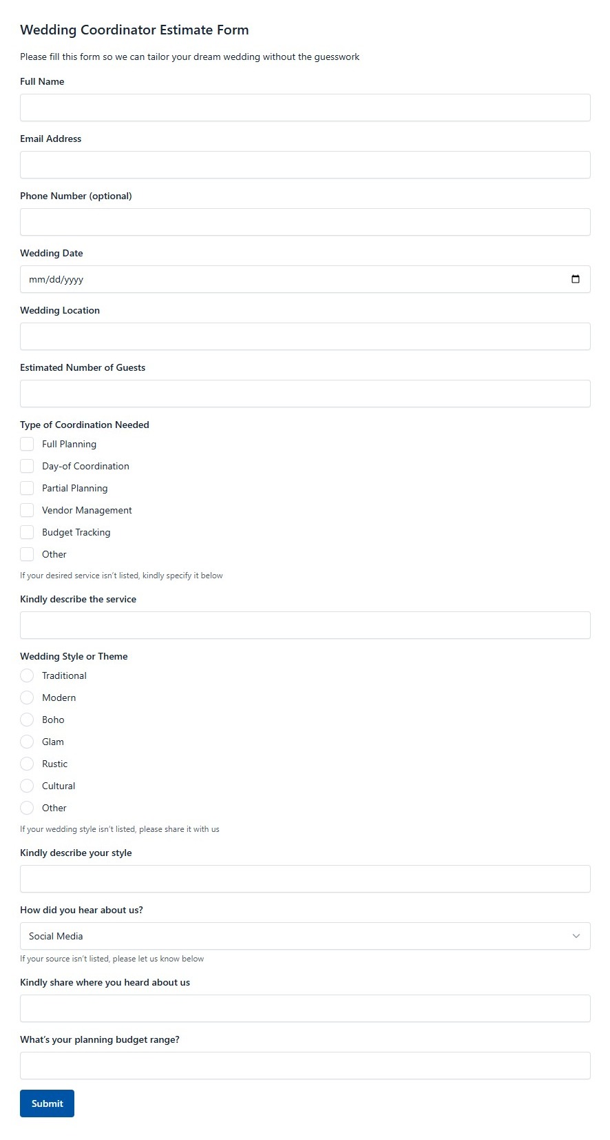 Wedding Coordinator Estimate Form