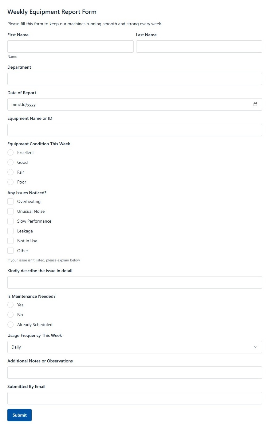 Weekly Equipment Report Form
