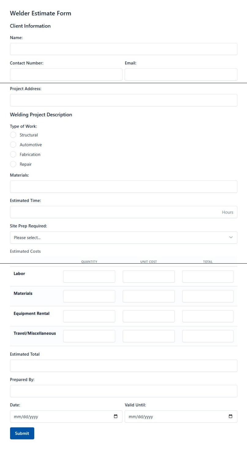 Welder Estimate Form