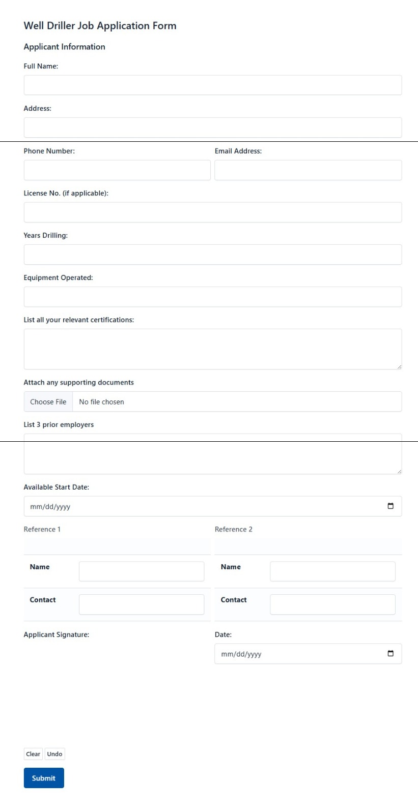 Well Driller Job Application Form