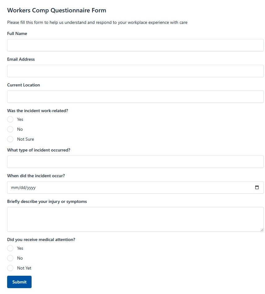 Workers Comp Questionnaire Form