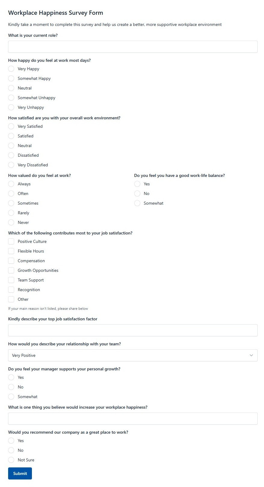 Workplace Happiness Survey Form