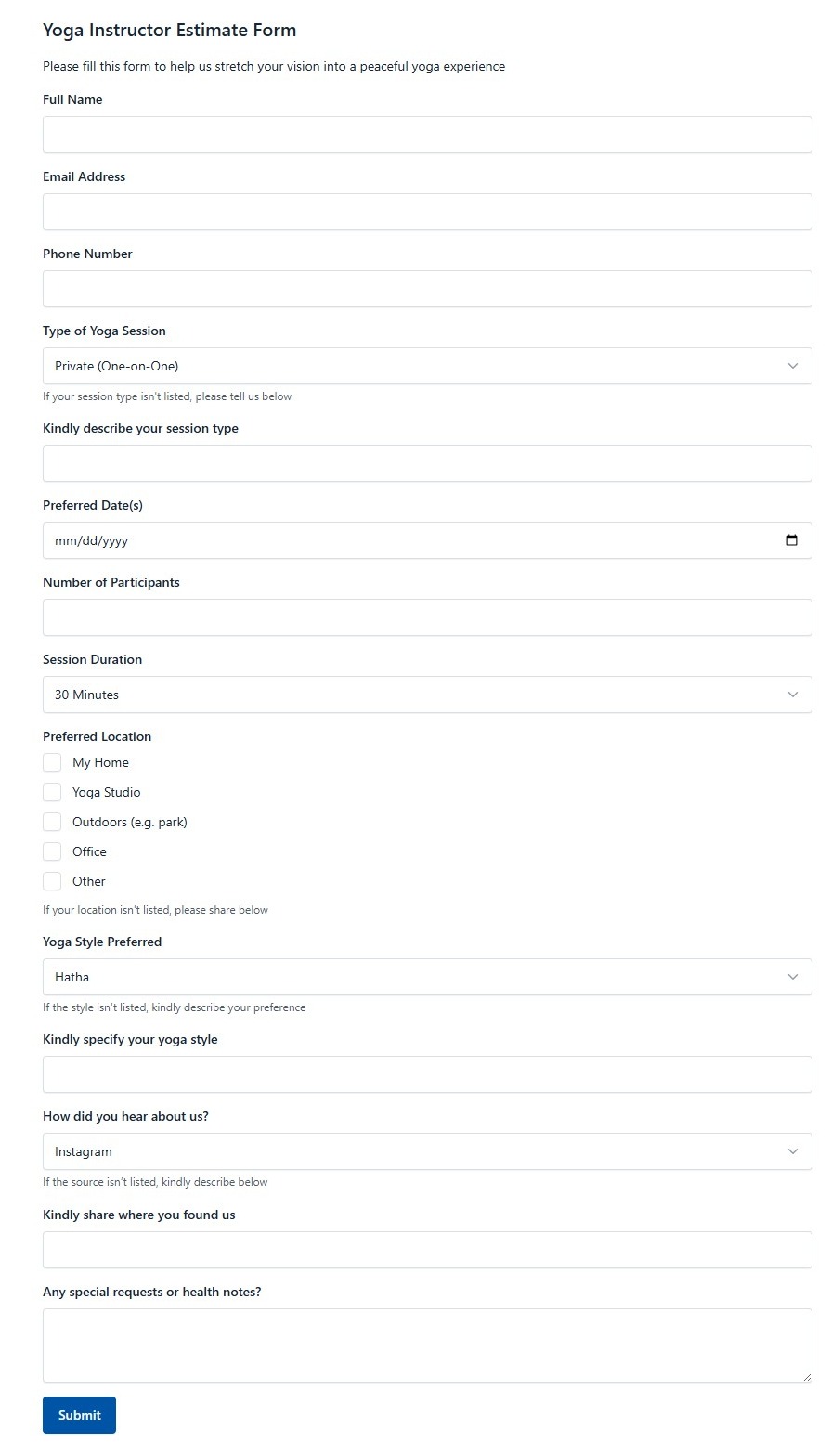 Yoga Instructor Estimate Form