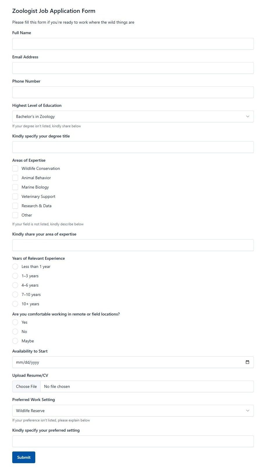 Zoologist Job Application Form