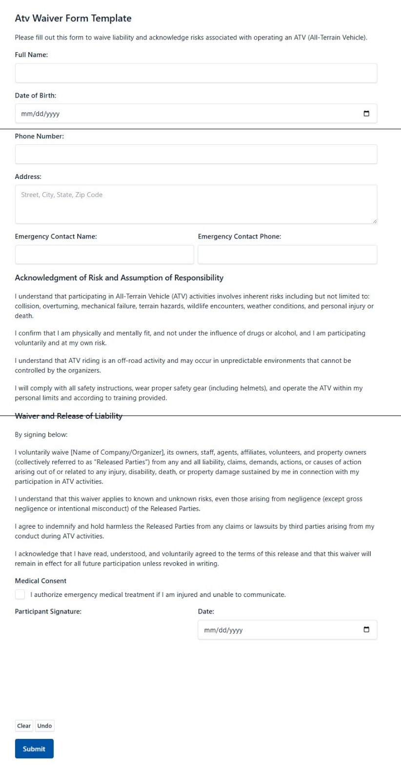 ATV waiver form